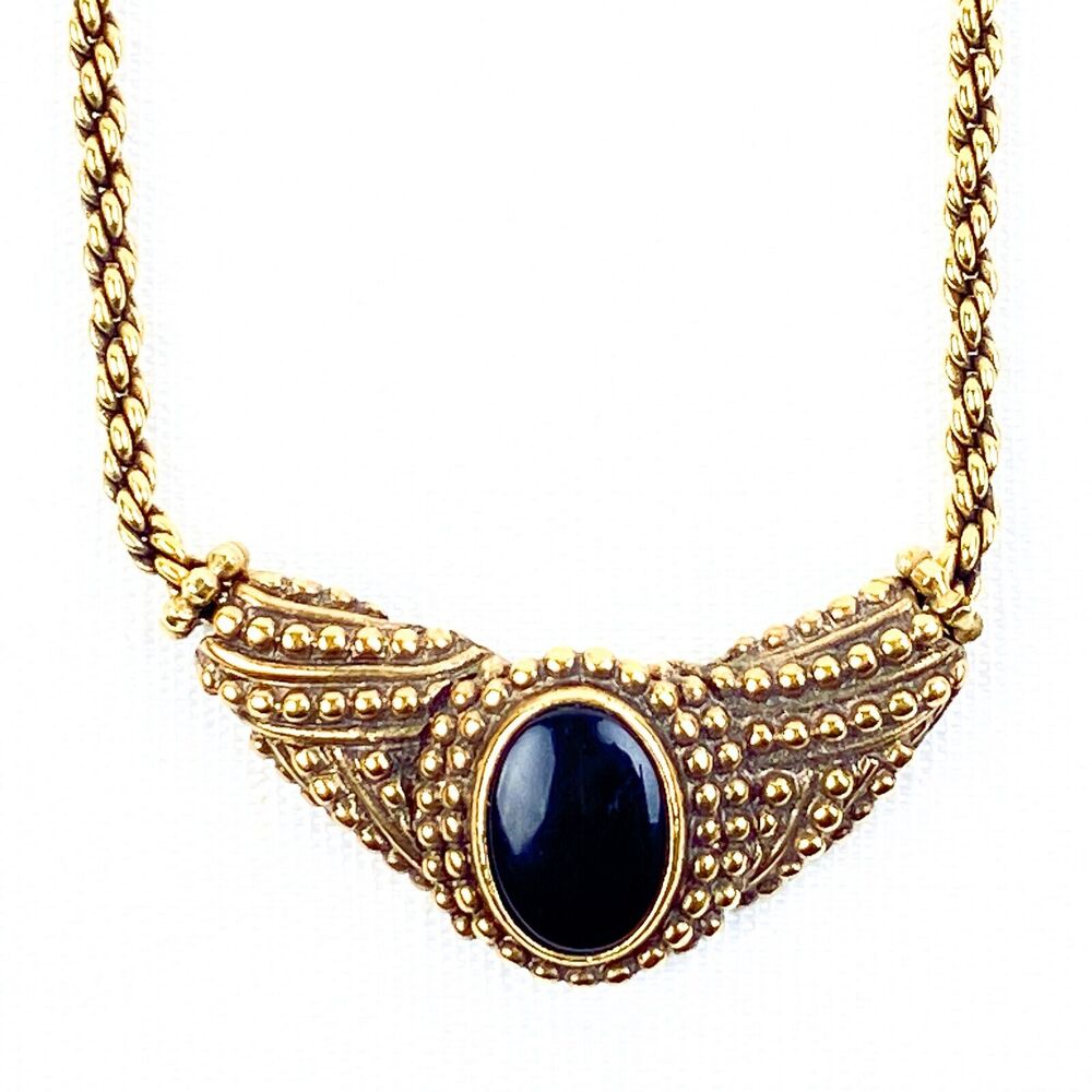 Napier Choker Necklace Vintage Black Cabochon Retro 80s Glam Statement Gold Tone